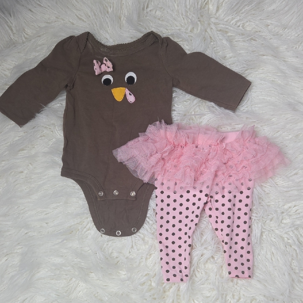 Brown and Pink Thanksgiving Kids Outfit Set Sz 0-3 Months
